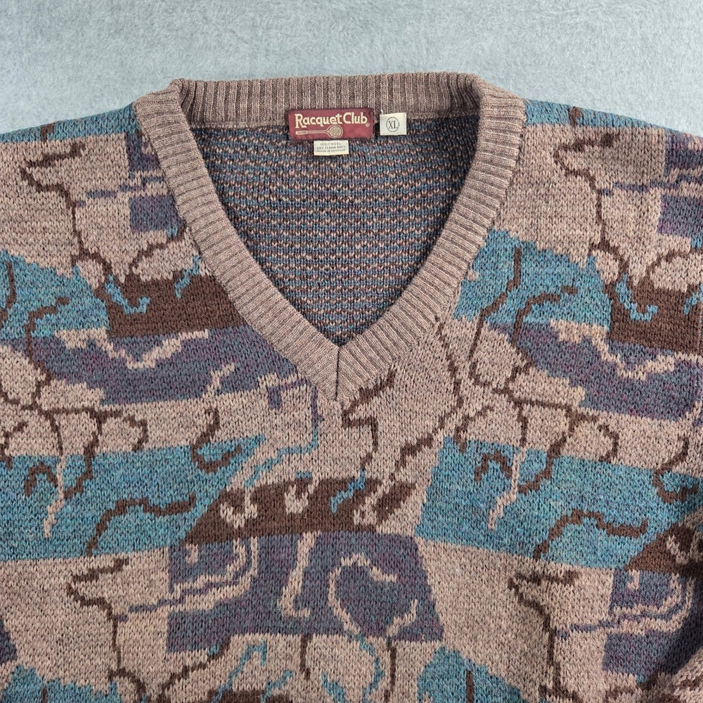 Racquet Club Sweater Mens XL Brown Teal 100% Wool Abstract V-Neck Vintage